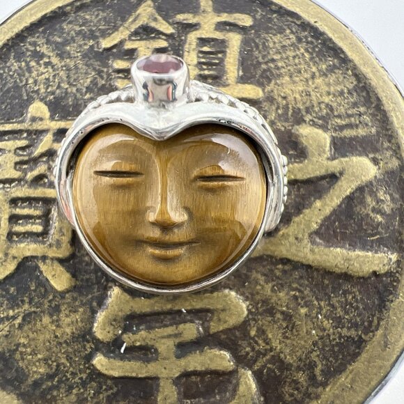 Sajen Sterling Silver Pendant Bronze Coin Face Tigers Eye Carved Script VTG Sign - Picture 3 of 10